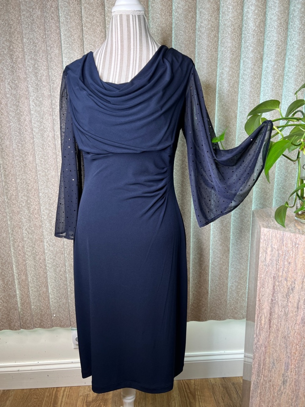 Connected Dress semi formal classic navy draping at neckline, waist, sleeves